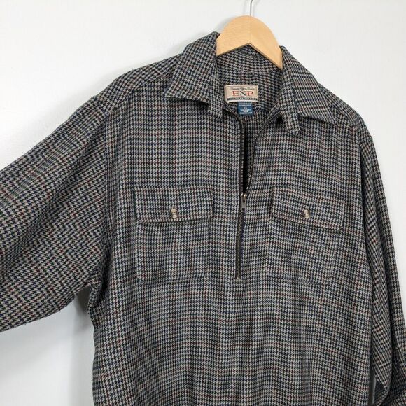 Vintage 90S 1/2 Zip Pullover Top Sweater Houndstooth Preppy Grunge Tan Blue XS - Picture 1 of 10